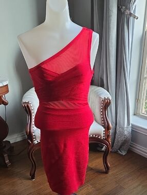 bebe Red One-Shoulder Bandage Sheer-Accented Dress